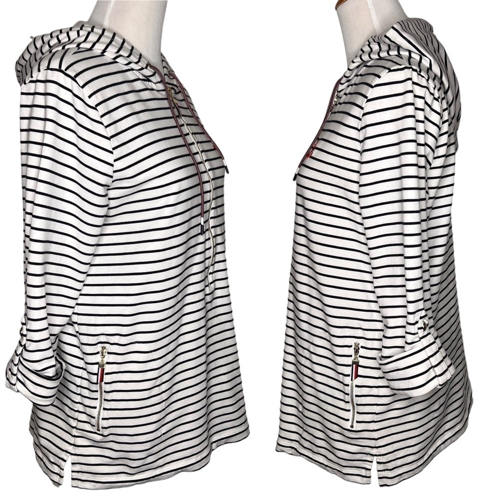 Tommy Hilfiger Women’s Patriotic Striped Long Roll Tab Sleeve 1/4 Zip Hoodie Med - Picture 7 of 14